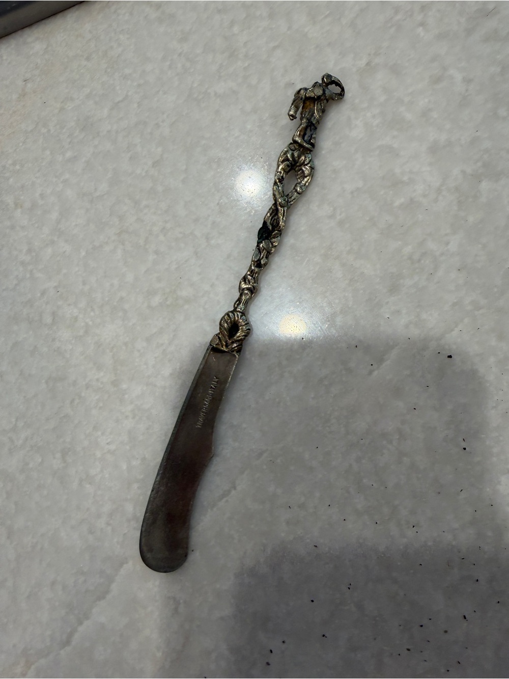 Vintage Silver Ornate Butter Knife with Dark Patina